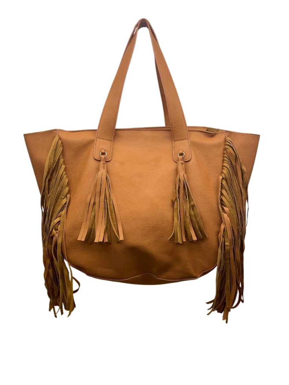 Expressions NYC Women’s Camel Brown Faux Leather Double Handle Fringe Tote Bag